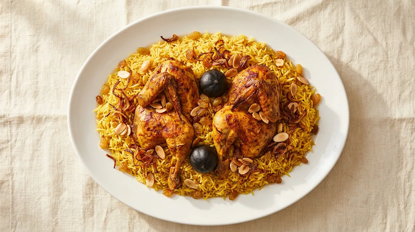 طبق مشبوس بحرينيّ بأرز بصفرة زعفران ودجاج متبَّل، حبّتا لومي ظاهرتان بين الأرز