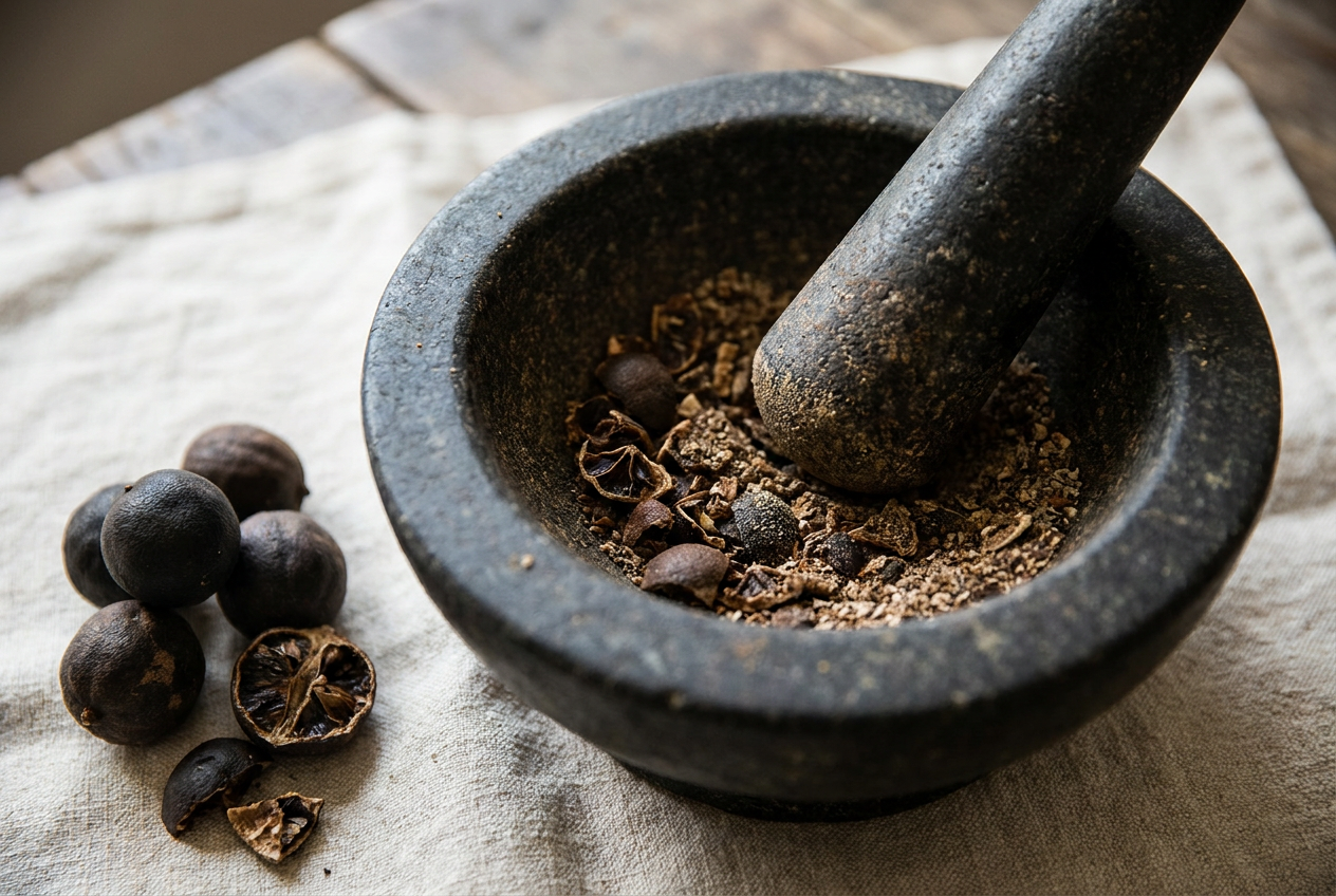 هاون حجريّ تقليديّ مع لومي مطحون يتساقط منه بنّيّ غامق على كتّان كريميّ