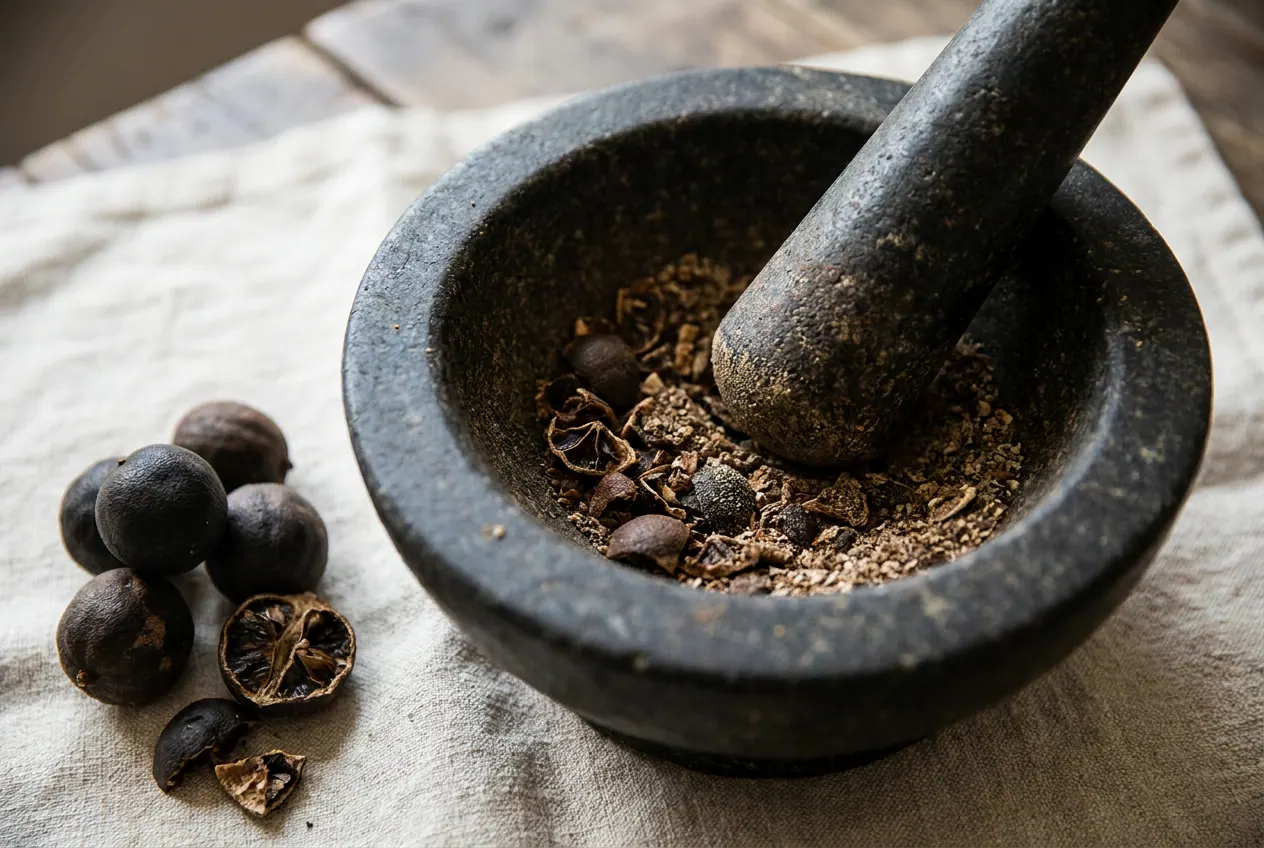 هاون حجريّ تقليديّ مع لومي مطحون يتساقط منه بنّيّ غامق على كتّان كريميّ