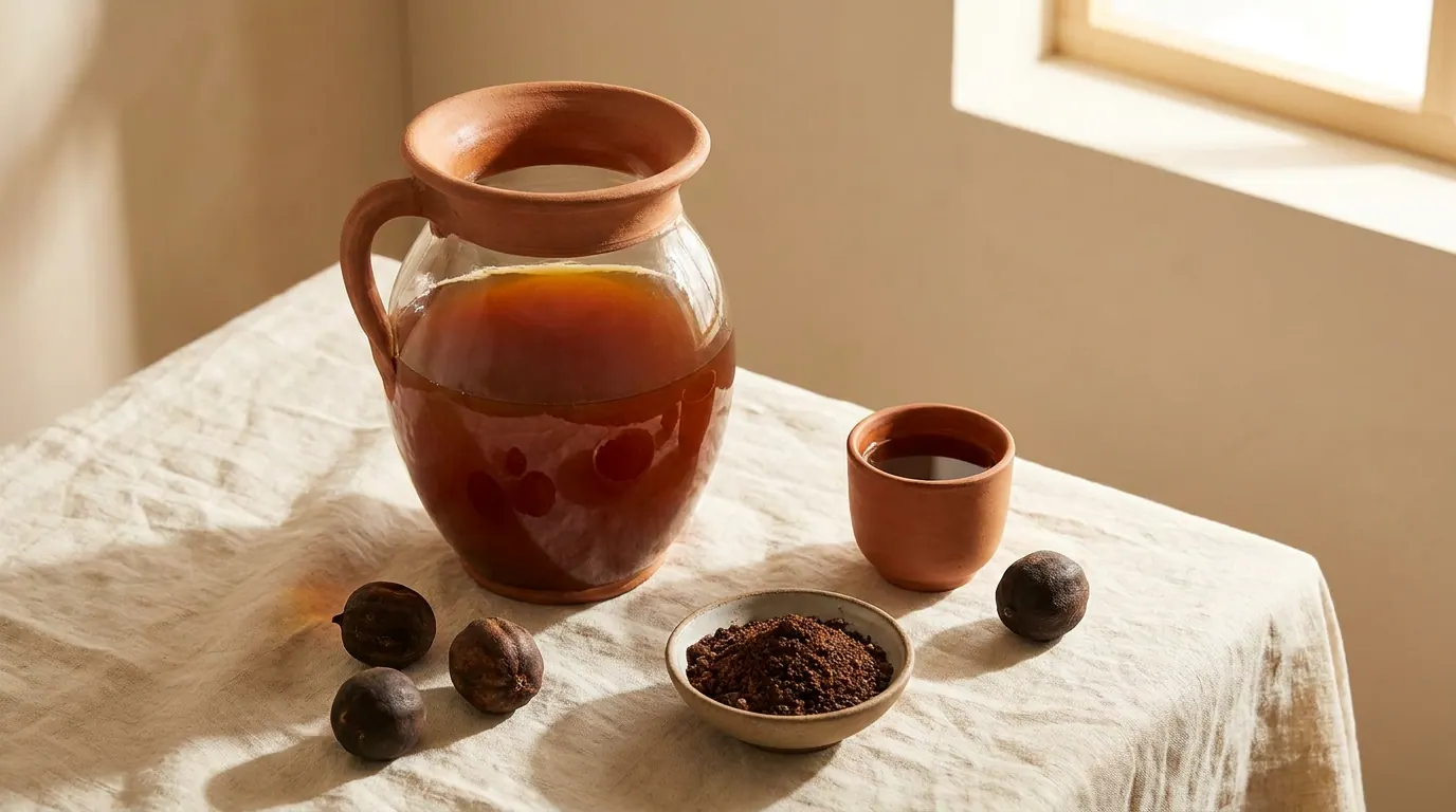 جرّة فخّار حساويّة تحوي عصير اللومي المُخمَّر المُشَمَّس بلون عنبريّ، بجانبها كوب صغير وحبّات لومي ووعاء مسحوق اللبّ