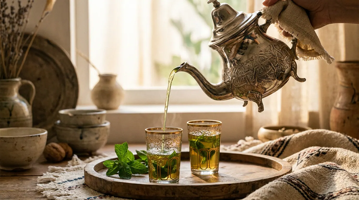 إبريق فضّيّ مغربيّ تقليديّ يصبّ شاياً أخضر بالنعناع من ارتفاع في كأس مزيّن بالذهب