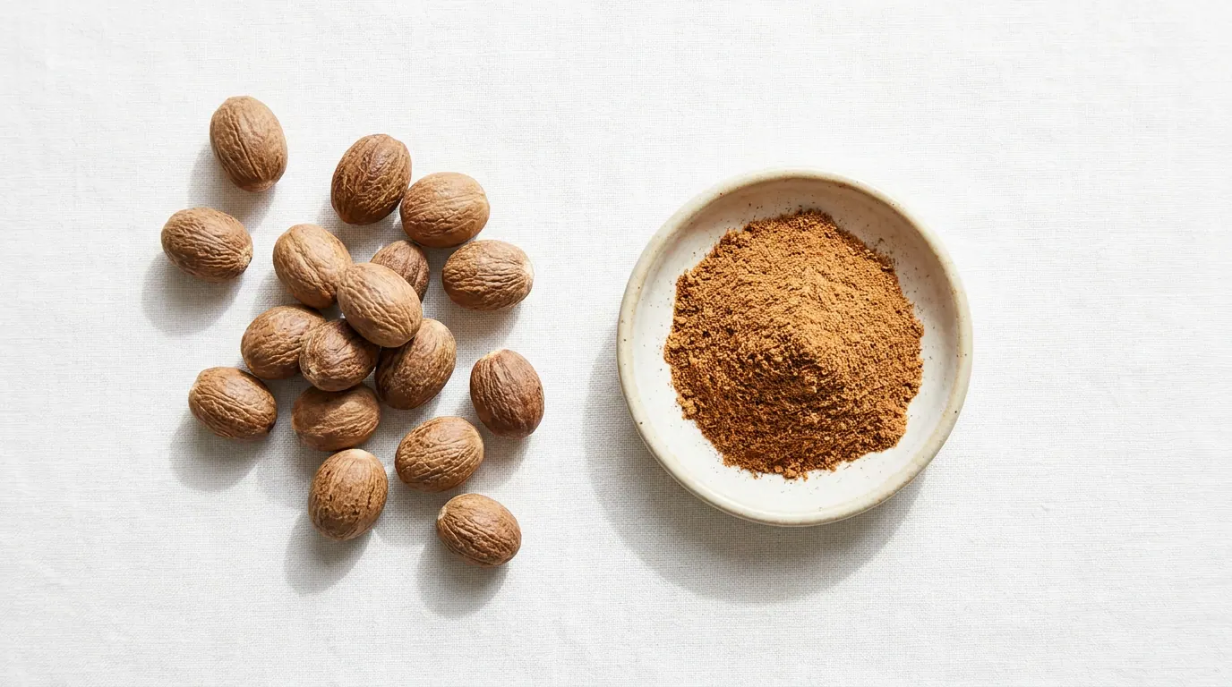 بذرة جوزة الطيب الكاملة بجانب الميس الأحمر الشبكيّ وبودرة جوزة الطيب المبشورة