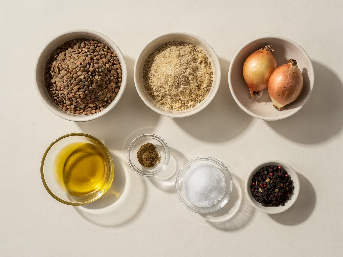 The real ingredients of mujaddara with lentils and bulgur photographed from above: brown lentils, coarse bulgur, onion, olive oil, cumin, salt and black pepper, each in its own bowl