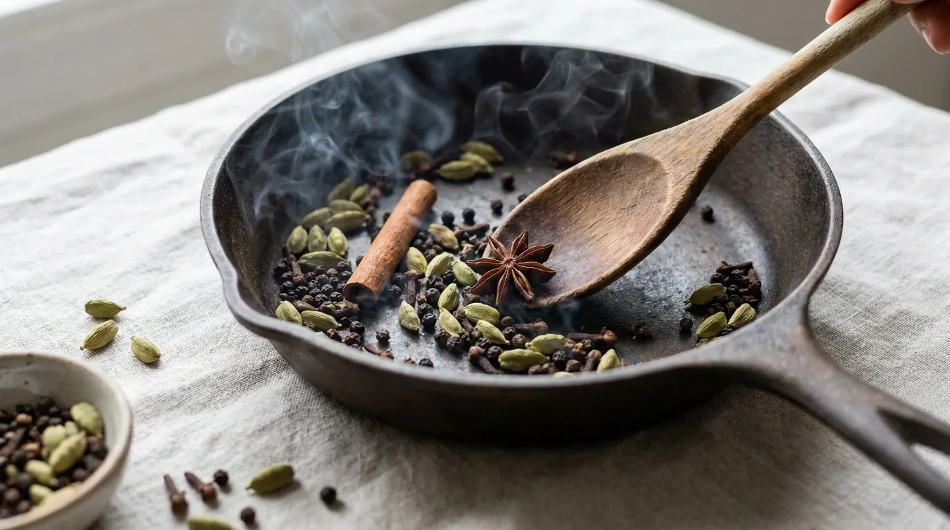 Dry-roasting Biryani spices in a pan over low heat until fragrant