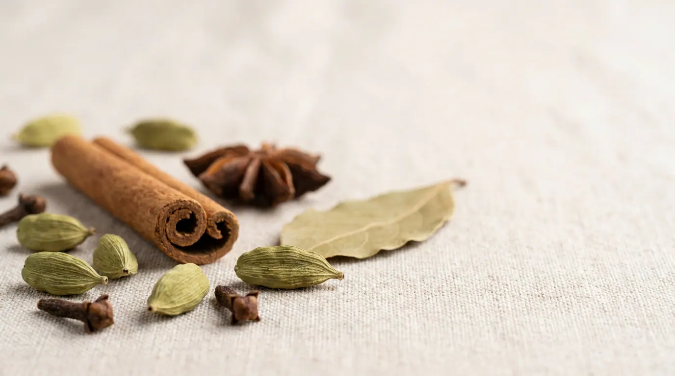 Close-up of whole Biryani spices: green cardamom, star anise, cloves, and cinnamon sticks