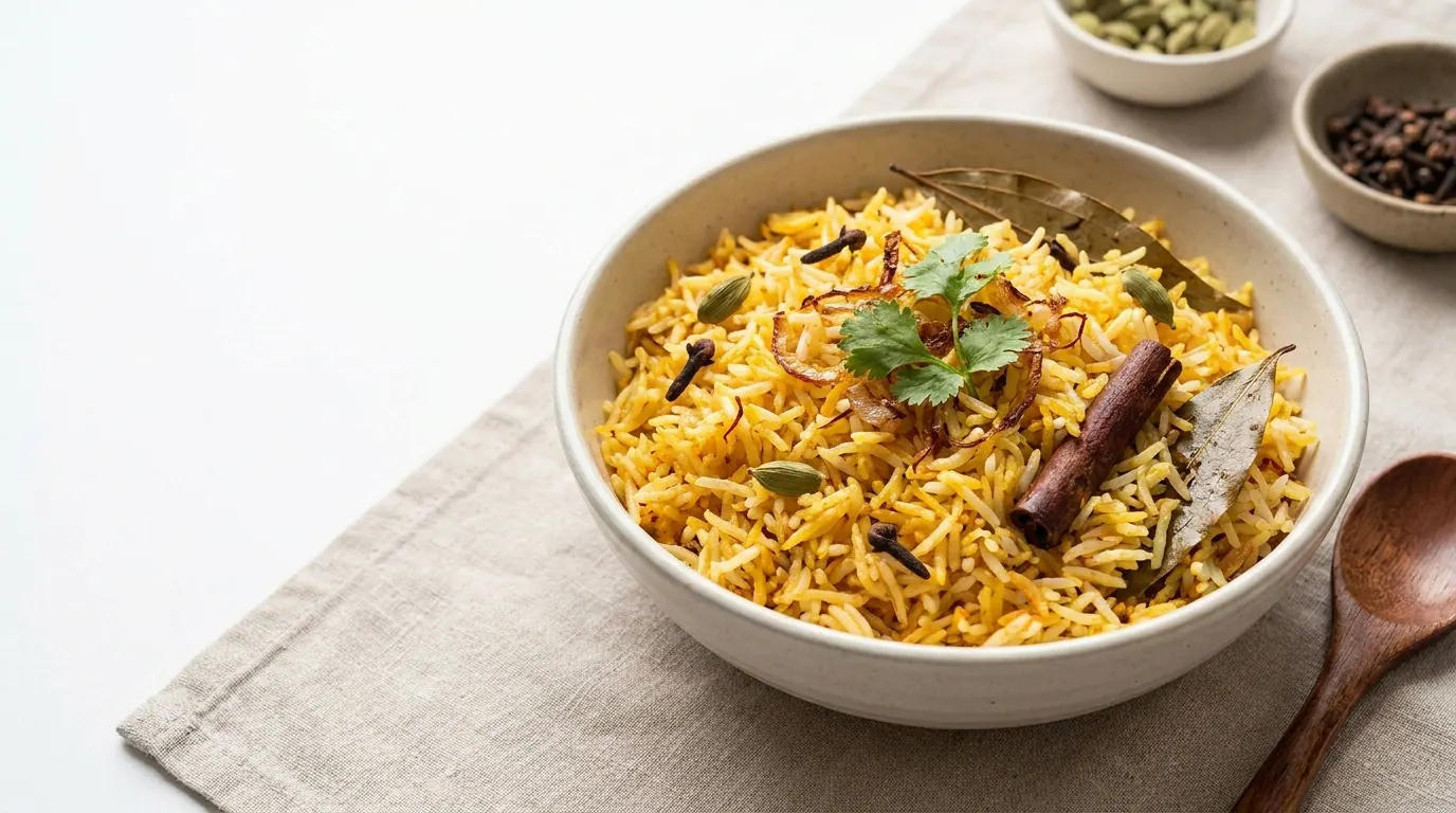 A pot of Biryani with layers of spiced rice and braised meat