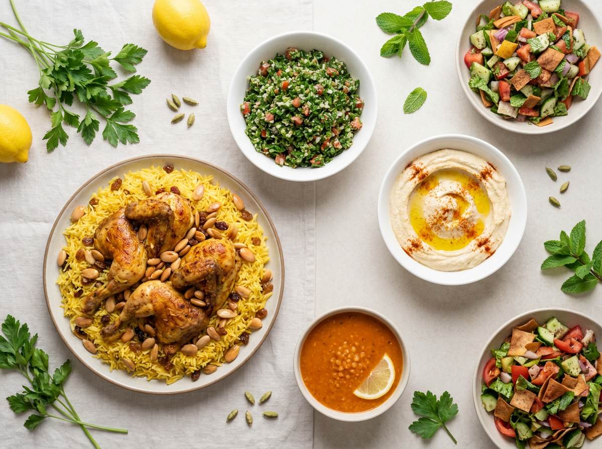 مائدة إيناء المتنوّعة — كبسة وتبّولة وحمّص وشوربة عدس وفتّوش
