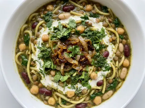 شوربة الشعريّة والبقول بالأعشاب (آش رشته)