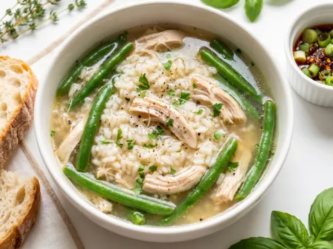 شوربة دجاج بالأرزّ والفاصوليا الخضراء