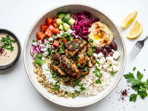 شاورما الدجاج بالأرزّ البنّيّ والخضار
