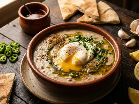 فول بالزيت الحارّ والبيض