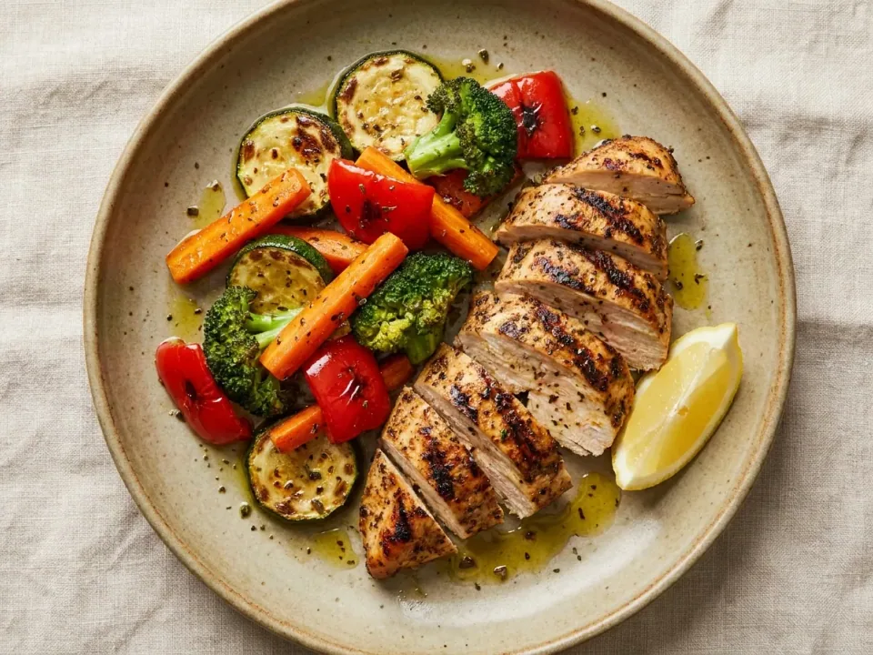 Grilled Chicken Breasts with Vegetables في صينية فرن
