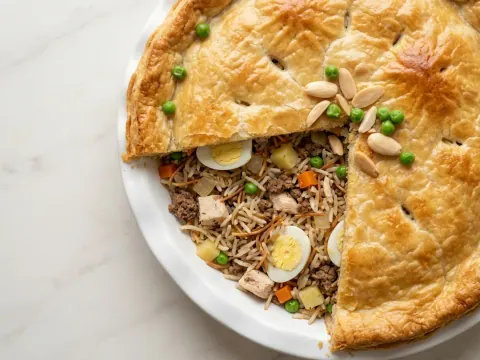 فطيرة الأرزّ واللحم المغلّفة بالعجين (بردة بلاو)