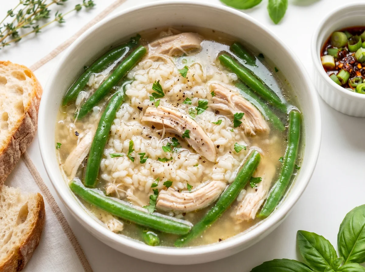 شوربة دجاج بالأرزّ والفاصوليا الخضراء