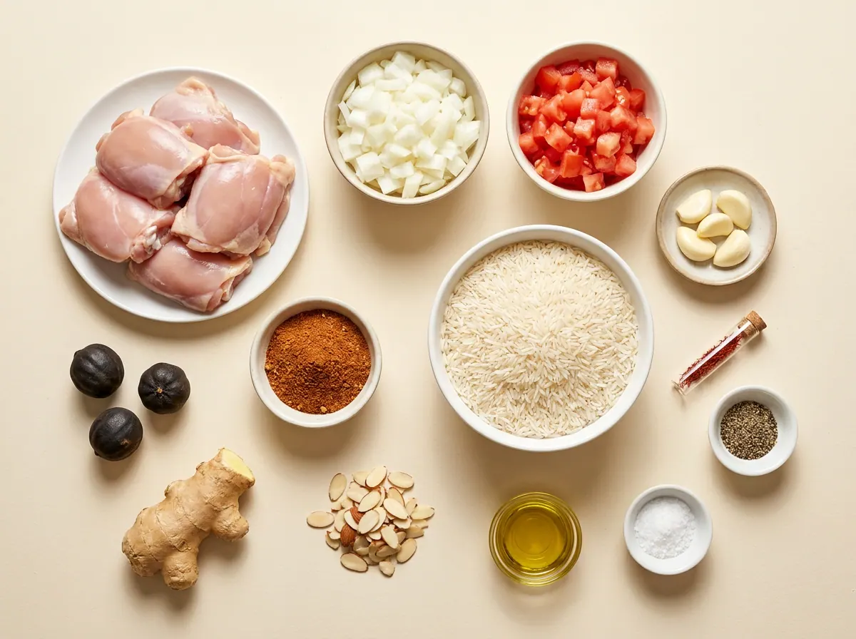 Chicken Kabsa ingredients arranged from above