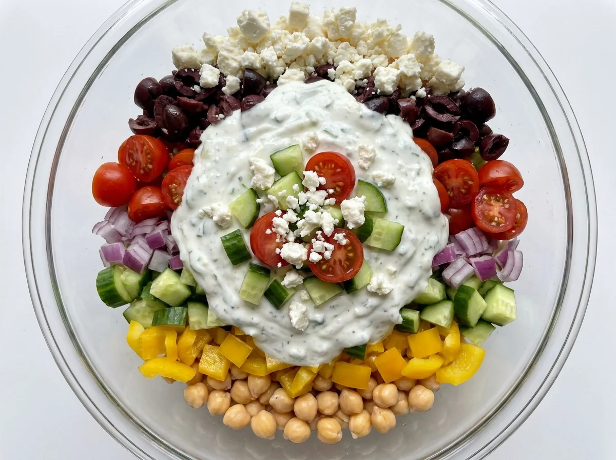 Layered Mediterranean Salad with Yogurt and Cucumber Dressing