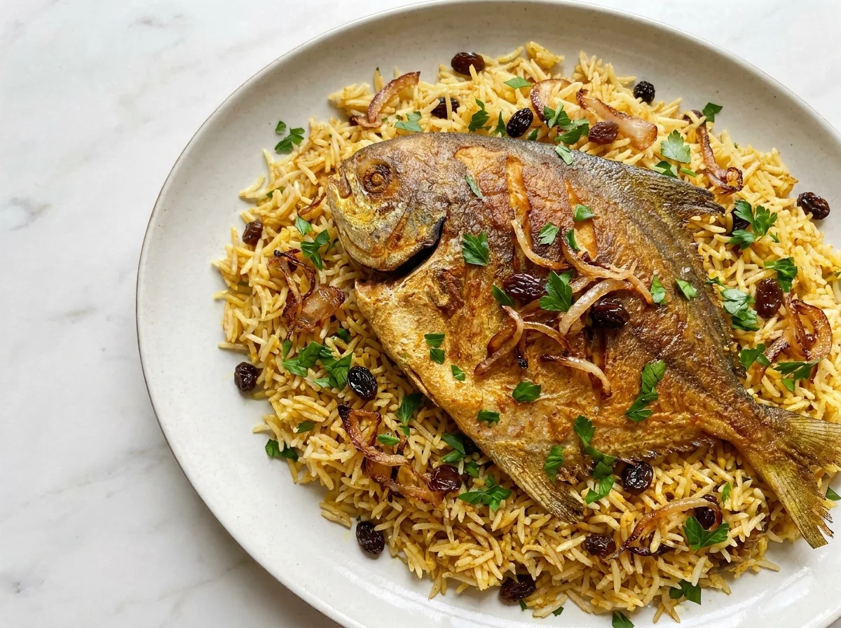 Kuwaiti Fried Pomfret over Rice (Mutabbaq Samak Zubaidi)