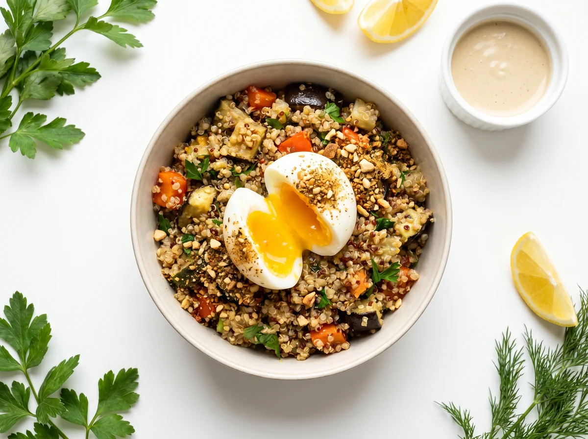Savory Quinoa Bowl with Soft-Boiled Egg, Roasted Vegetables, and Dukkah