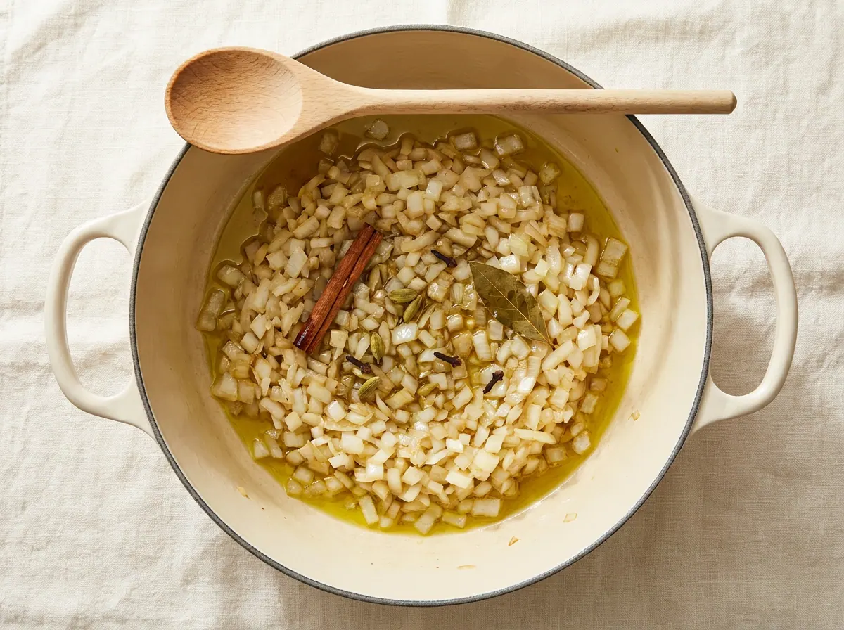 Golden sautéed onion with spices in the pot