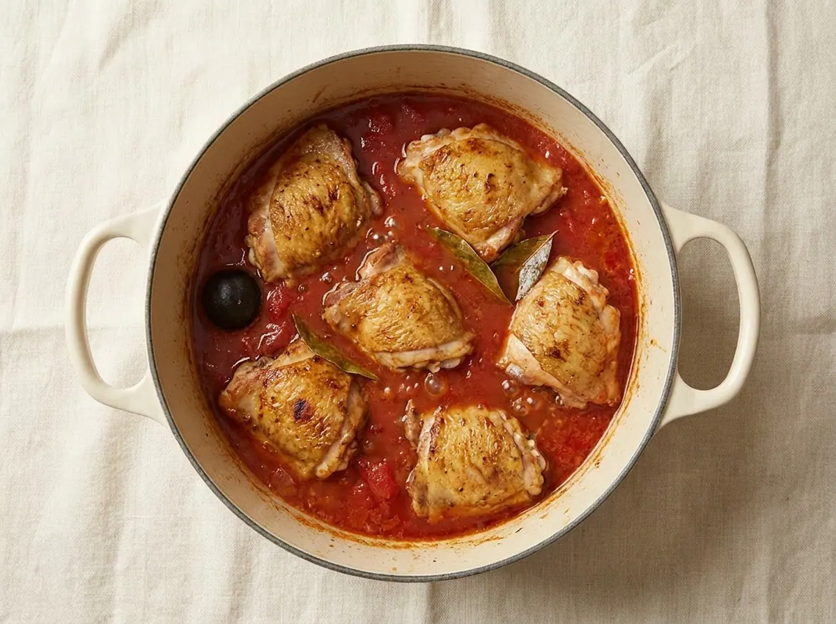 Chicken cooking in tomato broth with dried lime