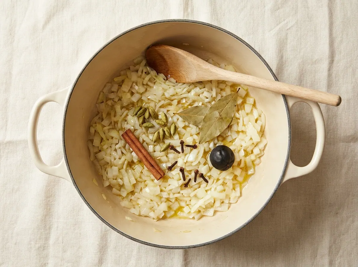 Basmati rice cooking in spiced broth with saffron