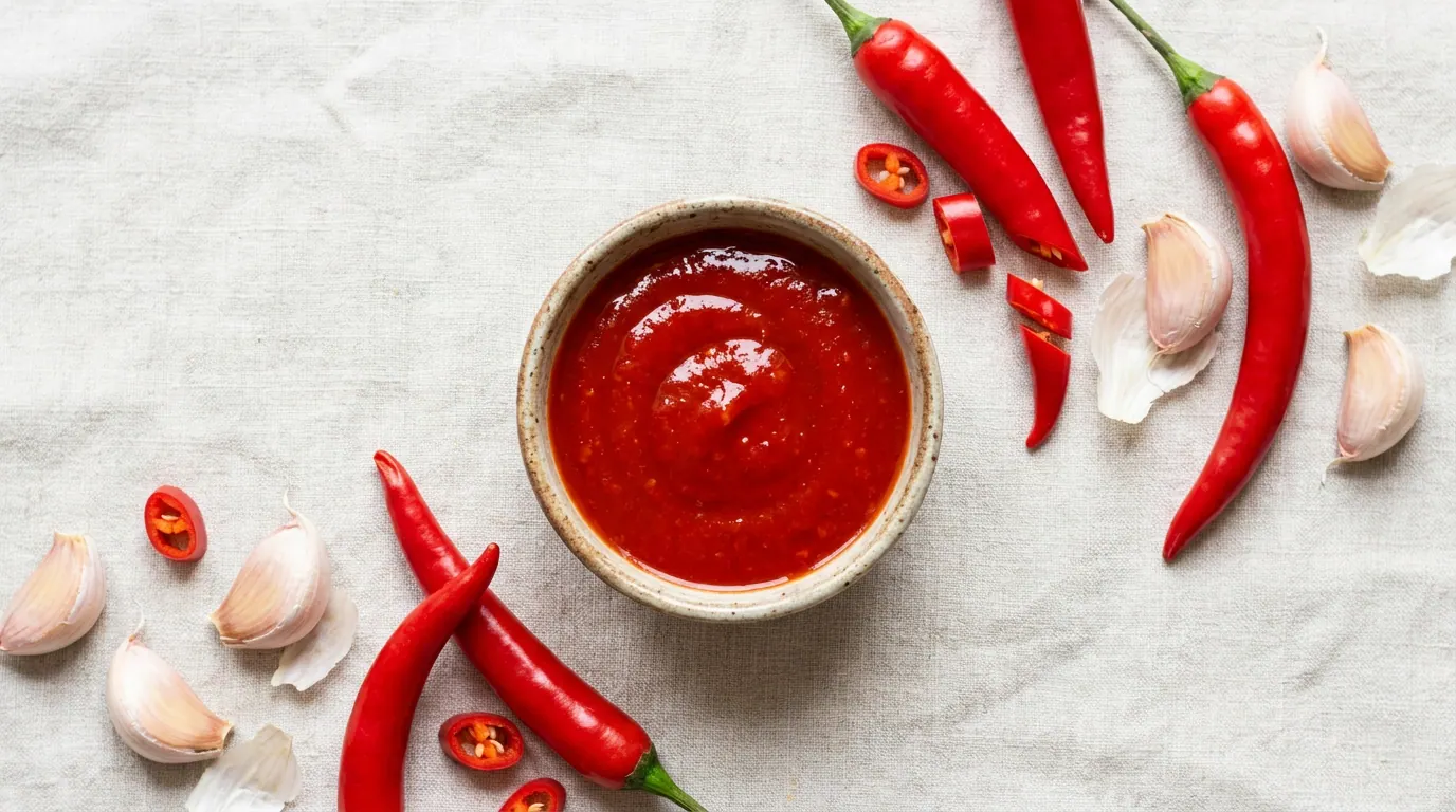 Shining red hot Saudi Shatta in a small ceramic bowl with fresh red peppers and garlic cloves on light linen