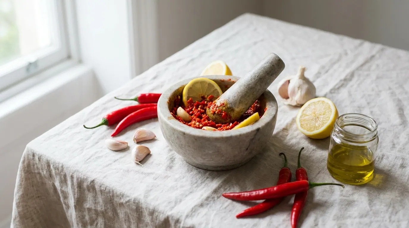 Steps for preparing fresh Shatta: red peppers, garlic, salt, vinegar, and olive oil arranged on a light surface