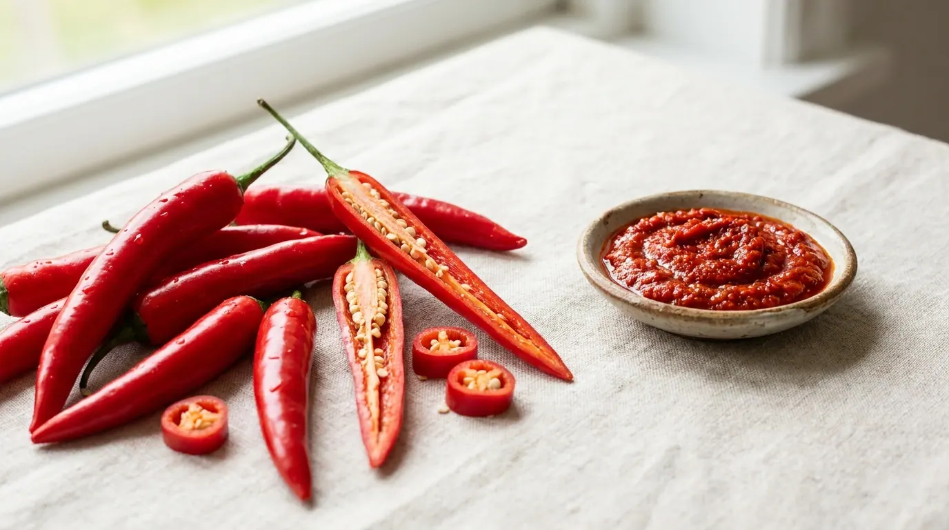 Fresh red peppers mashed with garlic and salt in a stone mortar, the base of hot Shatta