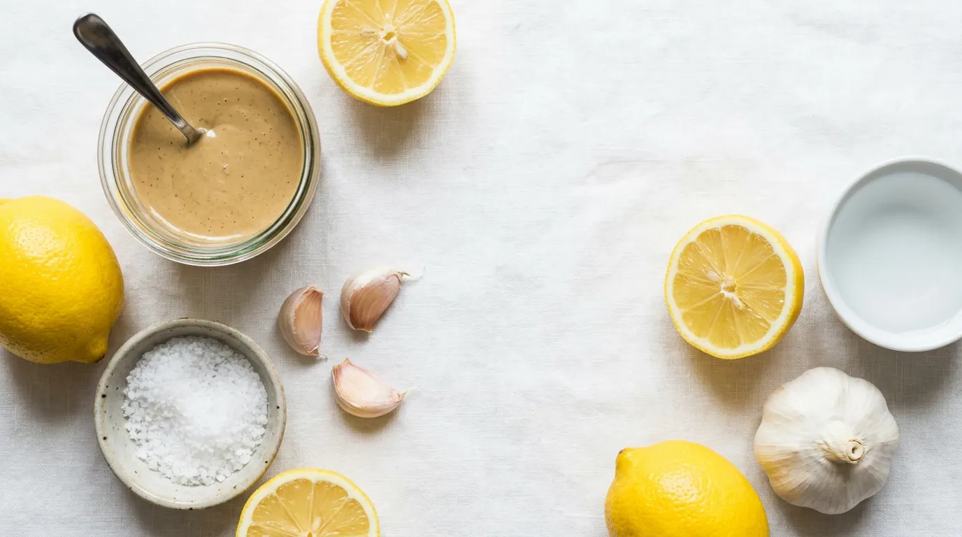 Whisking tahini sauce in a bowl with gradual addition of cold water using a whisk, sauce preparation steps