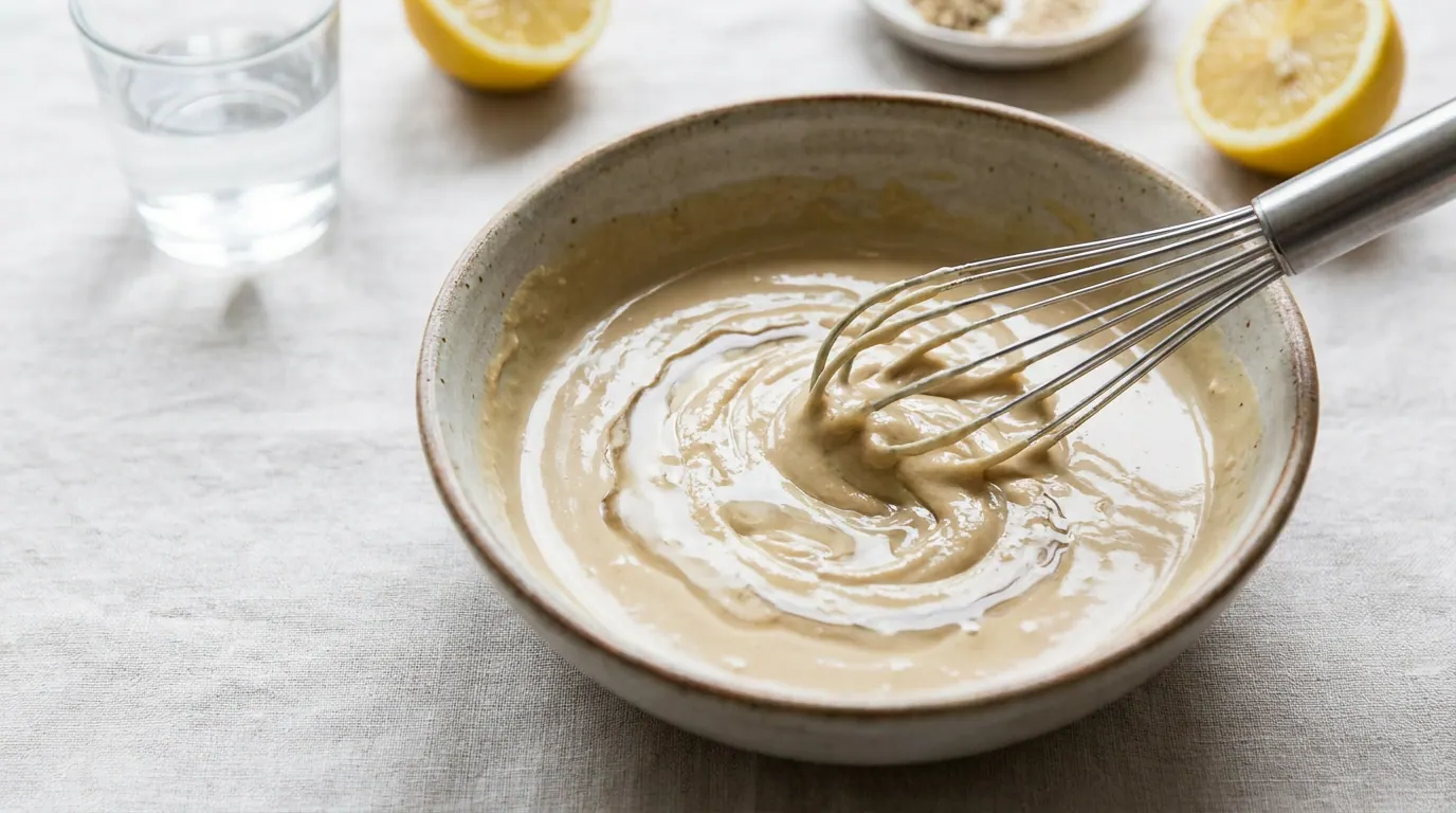 Thick clumped tahini paste next to smooth light tahini sauce, illustrating texture transformation upon emulsification