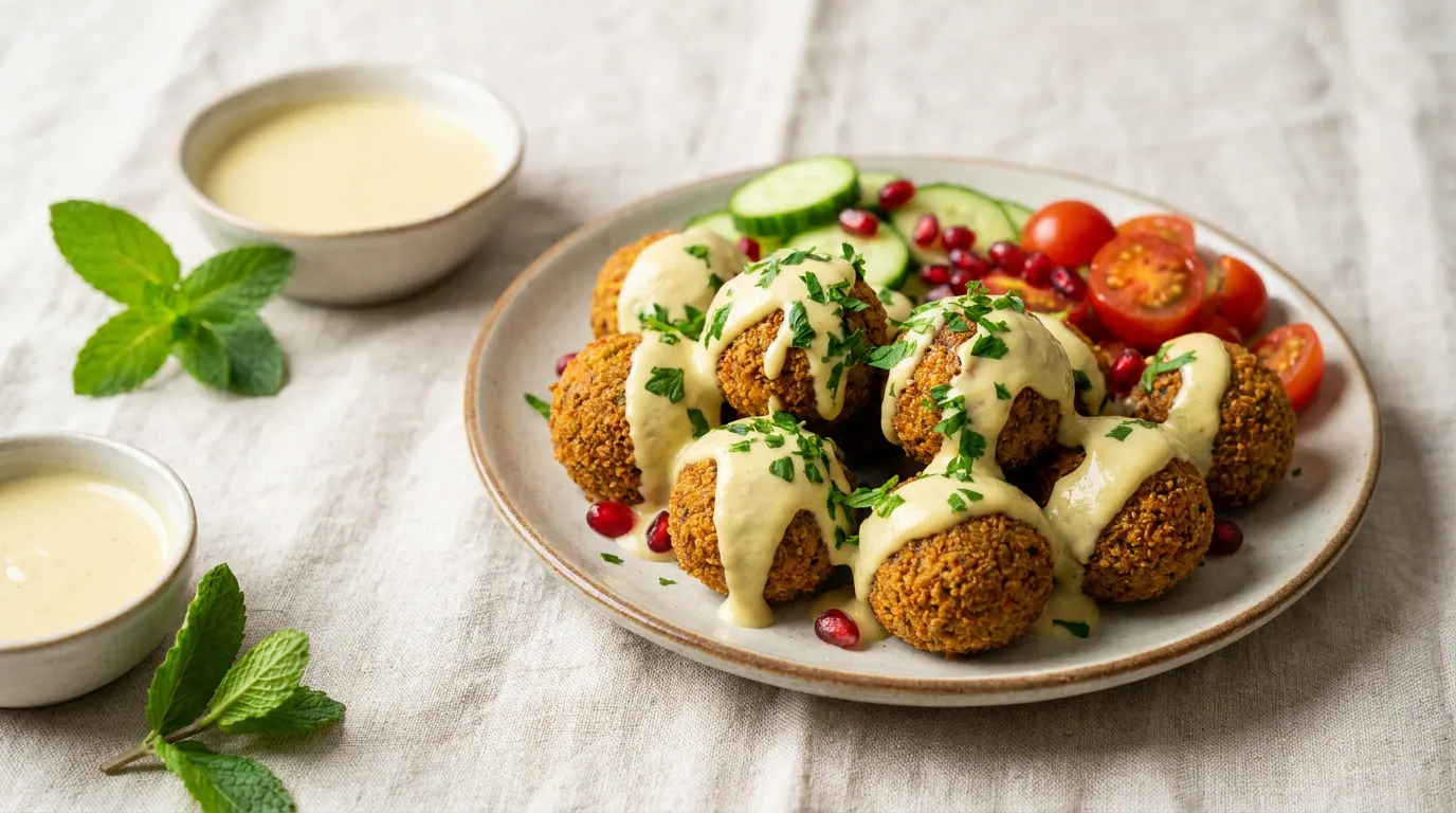 Tahini sauce flowing over falafel and grilled vegetables in a light dish, using sauce at the table