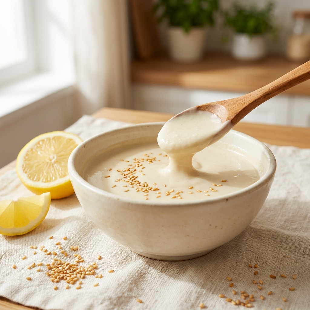 Tahini and Lemon Sauce drizzled over a plate
