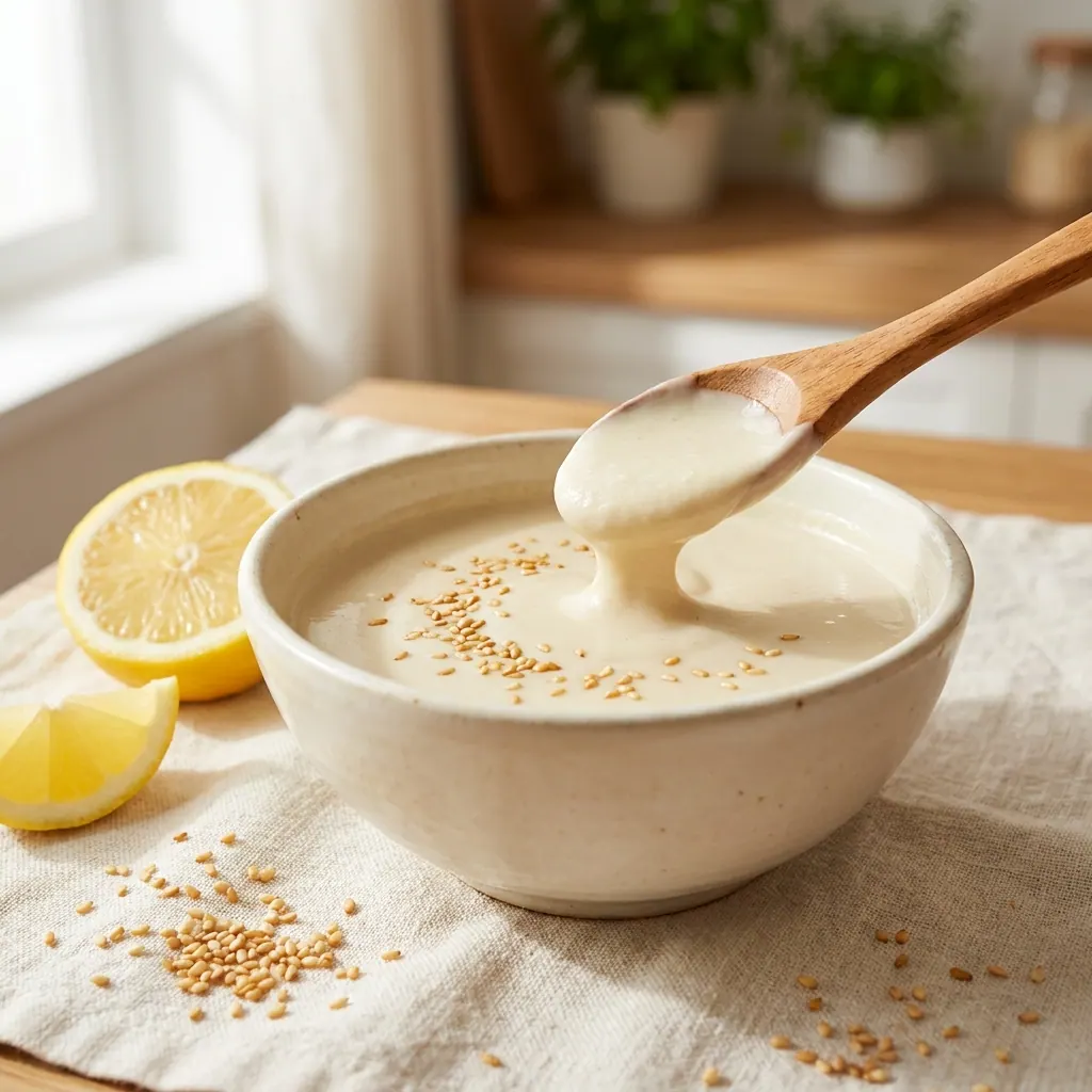 Tahini and Lemon Sauce drizzled over a plate