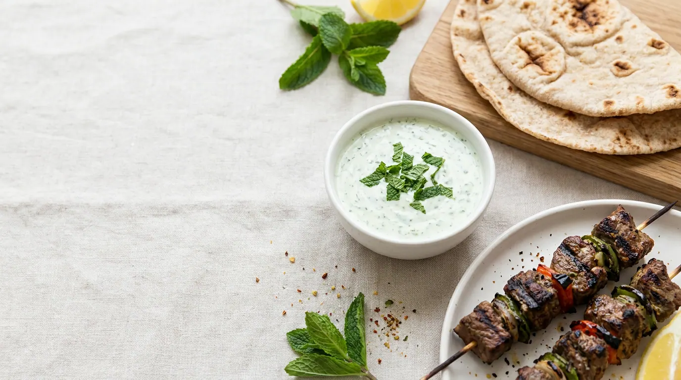 وعاء صلصة زبادي بالنعناع بجانب طبق مشاوي وخبز على المائدة